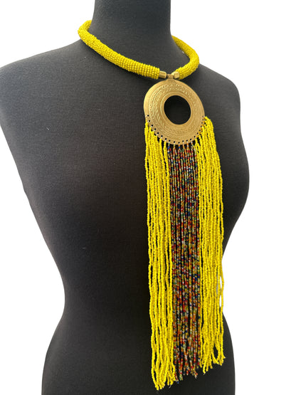 African Authentic Engraved Brass Long Yellow Beaded Fringe Pendant Necklace