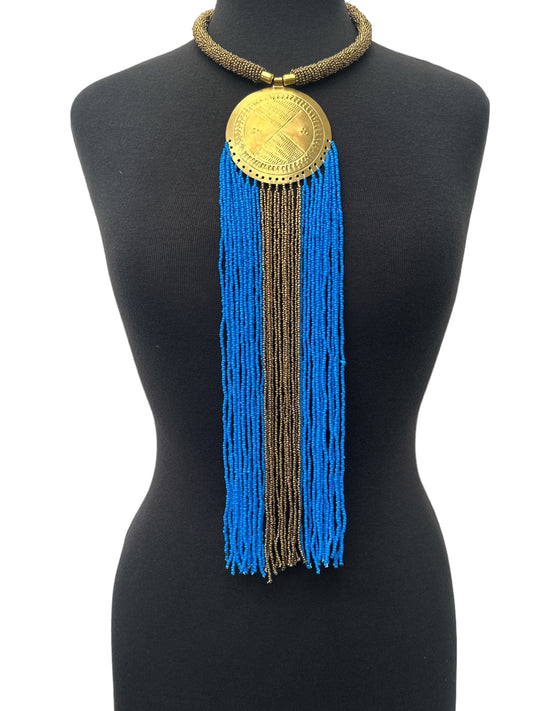 African Authentic Engraved Brass Long Blue Beaded Fringe Pendant Necklace