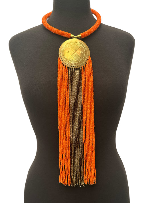 African Authentic Engraved Brass Long Orange Beaded Fringe Pendant Necklace