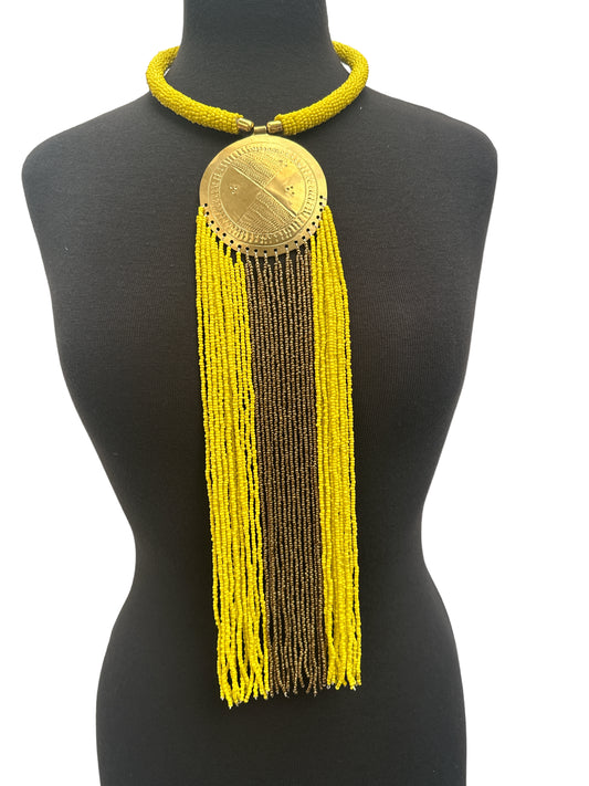 African Authentic Engraved Brass Long Yellow Beaded Fringe Pendant Necklace