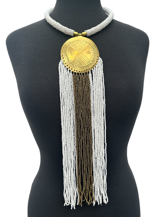 African Authentic Engraved Brass Long White Beaded Fringe Pendant Necklace