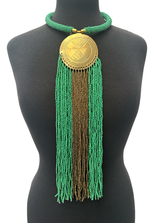 African Authentic Engraved Brass Long Green Beaded Fringe Pendant Necklace