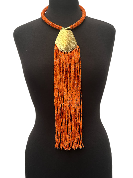 Long Authentic African Engraved Brass Orange Beaded Fringe Pendant Necklace