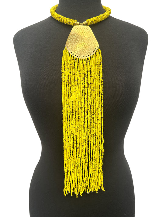 Long Authentic African Engraved Brass Yellow Beaded Fringe Pendant Necklace