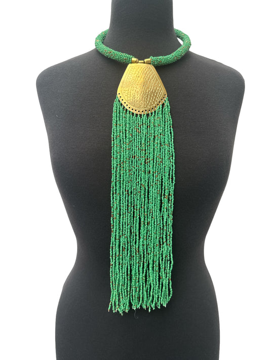 Long Authentic African Engraved Brass Green Beaded Fringe Pendant Necklace