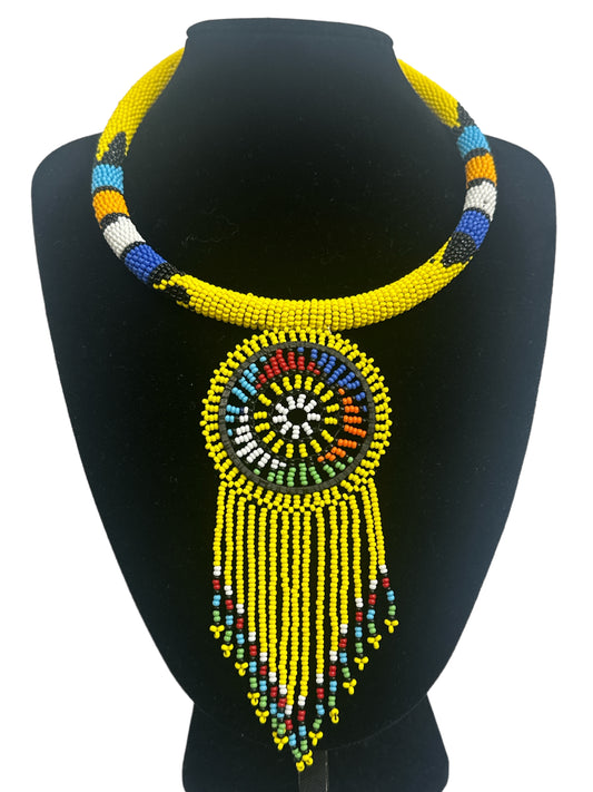 Authentic African Yellow Beaded Tassel Ethnic Pendant Necklace