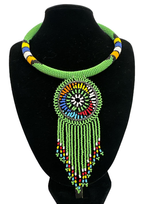 Authentic African Green Beaded Tassel Ethnic Pendant Necklace