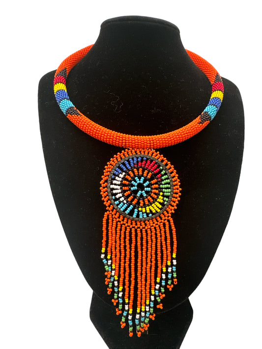 Authentic African Orange Beaded Tassel Ethnic Pendant Necklace