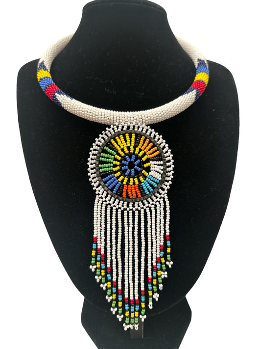 Authentic African White Beaded Tassel Ethnic Pendant Necklace