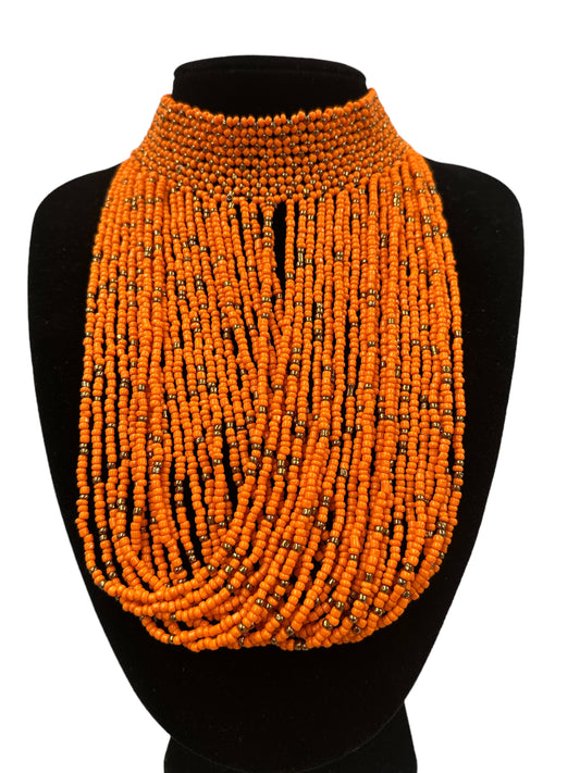 Authentic African Orange Beaded Ethnic Choker Pendant Necklace