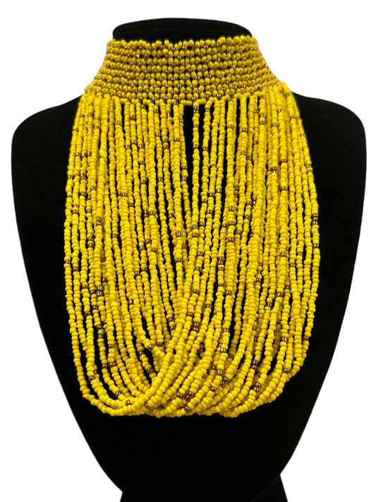 Authentic African Yellow Beaded Ethnic Choker Pendant Necklace