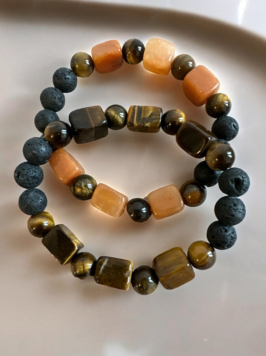 Double Tiger Eye Lava Elasticity Beaded  Bangle Bracelets