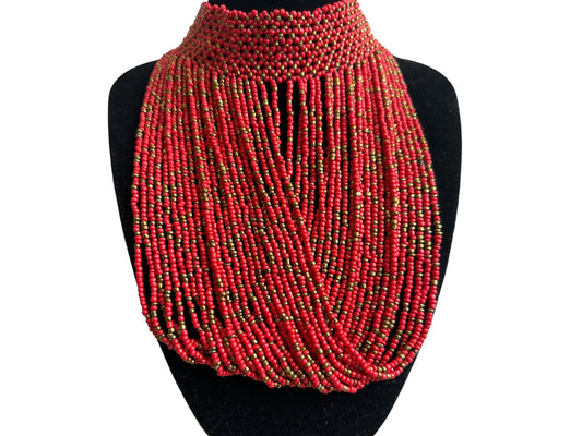 Authentic African Red Beaded Ethnic Choker Pendant Necklace