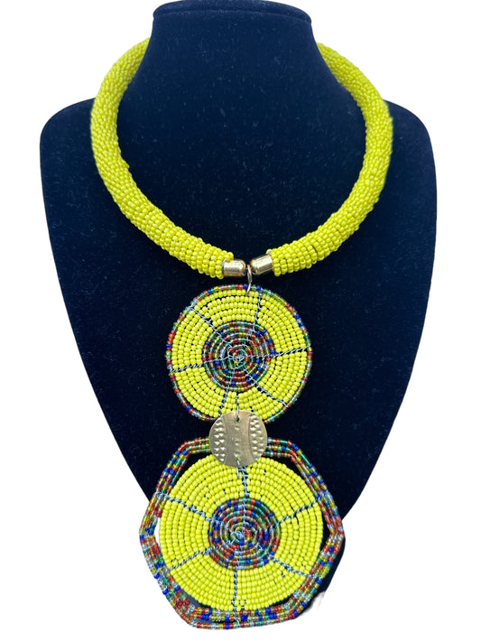 Authentic African Yellow Beaded Disc Pendant Necklace