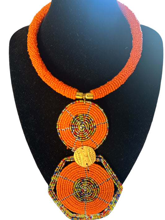 Authentic African Orange Beaded Disc Pendant Necklace