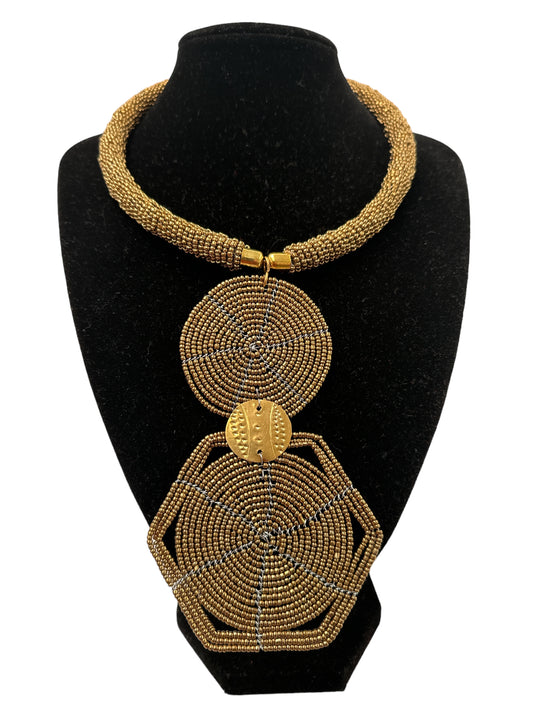 Authentic African Gold Beaded Disc Pendant Necklace