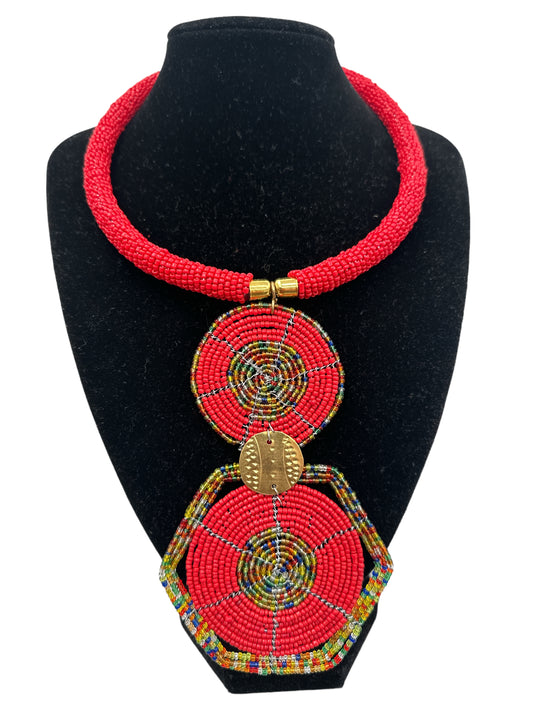 Authentic African Red Beaded Disc Pendant Necklace