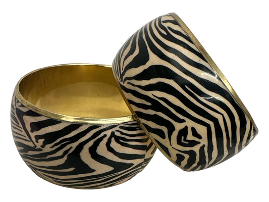 Wide Chunky Tiger Print Ethnic Wooden Brass Bangle Bracelets