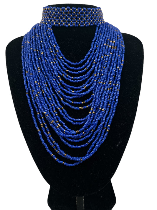 Authentic African Blue Beaded Ethnic Choker Necklace