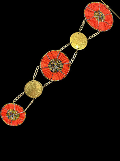 Unique Handcrafted African Red Beaded Necklace with Brass Medallions