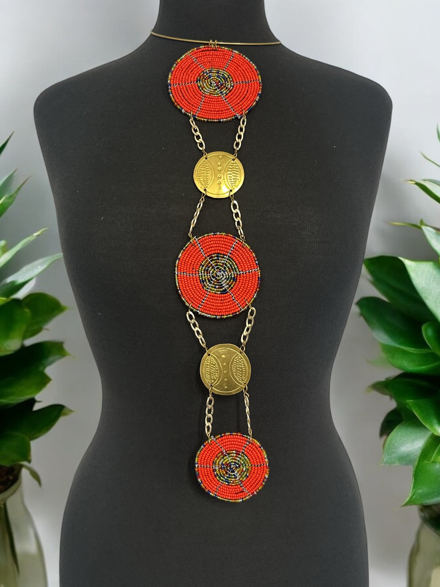 Unique Handcrafted African Red Beaded Necklace with Brass Medallions