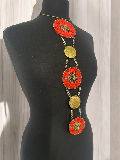 Unique Handcrafted African Red Beaded Necklace with Brass Medallions