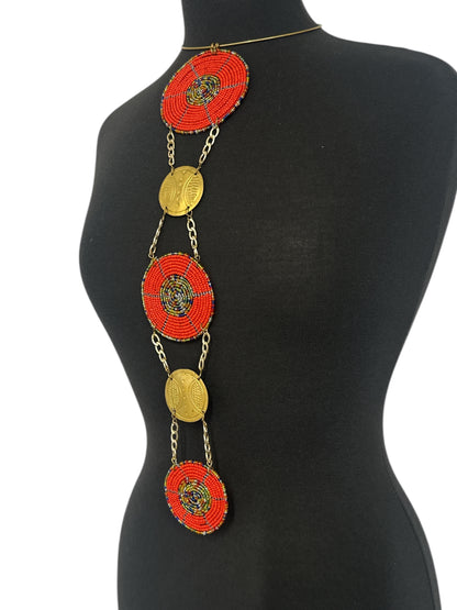 Unique Handcrafted African Red Beaded Necklace with Brass Medallions