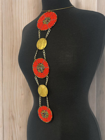 Unique Handcrafted African Red Beaded Necklace with Brass Medallions