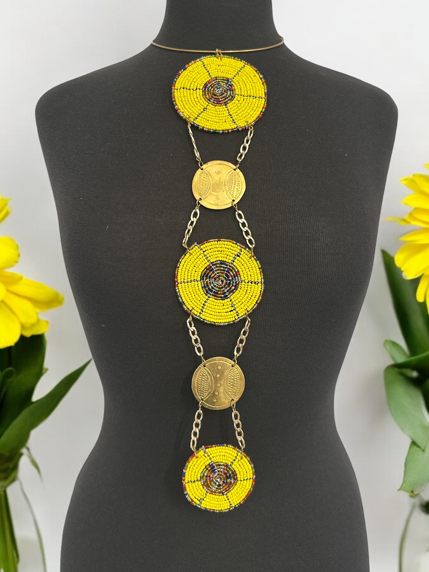 Unique Handcrafted African Yellow Beaded Necklace with Brass Medallions