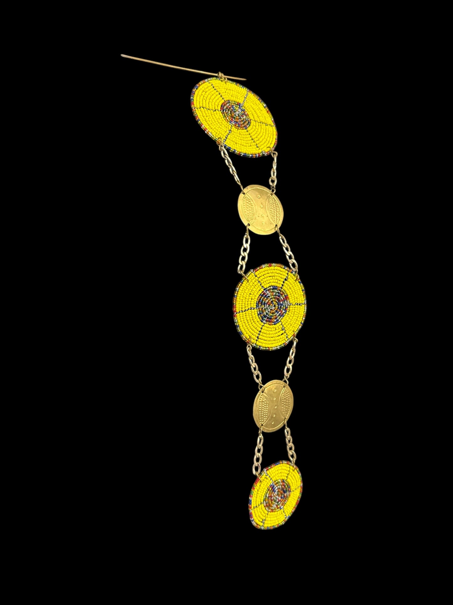 Unique Handcrafted African Yellow Beaded Necklace with Brass Medallions