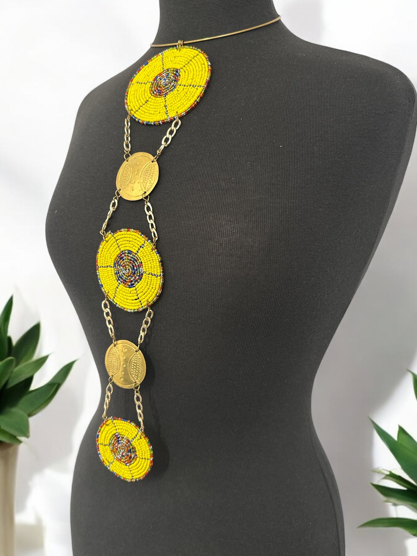 Unique Handcrafted African Yellow Beaded Necklace with Brass Medallions