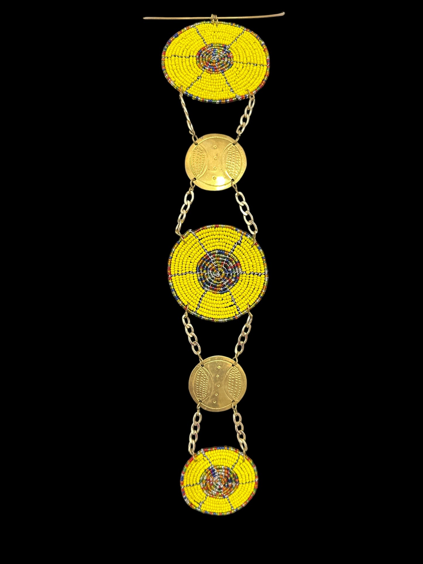 Unique Handcrafted African Yellow Beaded Necklace with Brass Medallions