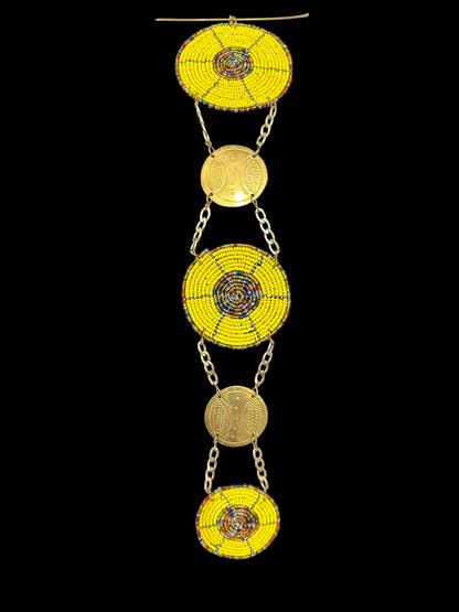 Unique Handcrafted African Yellow Beaded Necklace with Brass Medallions