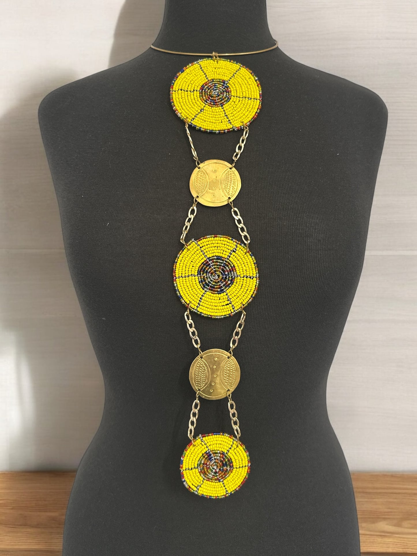 Unique Handcrafted African Yellow Beaded Necklace with Brass Medallions