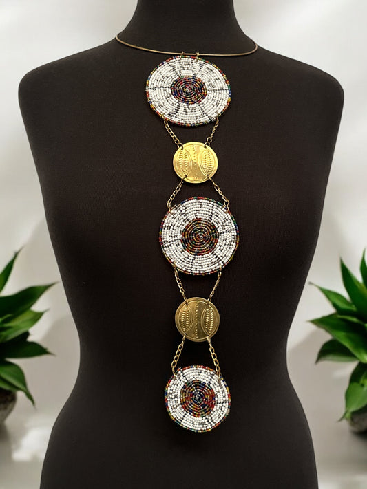 Unique Handcrafted African white Beaded Necklace with Brass Medallions