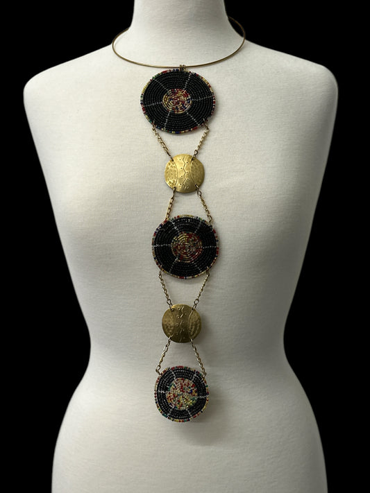 Unique Handcrafted African Black Beaded Necklace with Brass Medallions