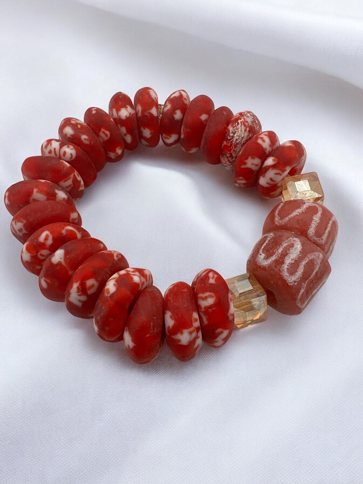 Authentic West Africa Elasticity Red Krobo Beads Ethnic Bracelet