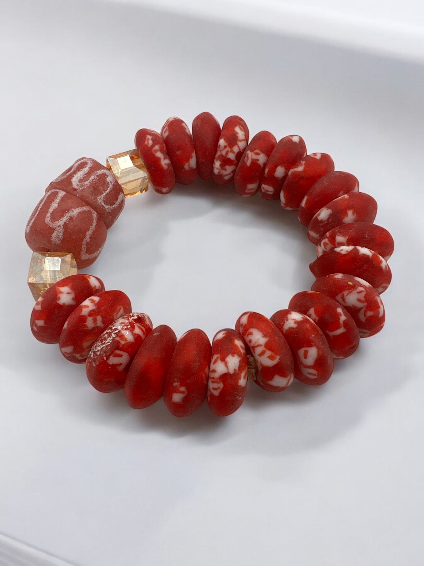 Authentic West Africa Elasticity Red Krobo Beads Ethnic Bracelet