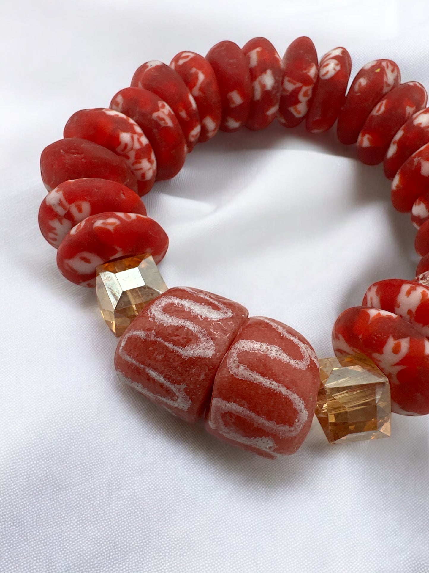 Authentic West Africa Elasticity Red Krobo Beads Ethnic Bracelet