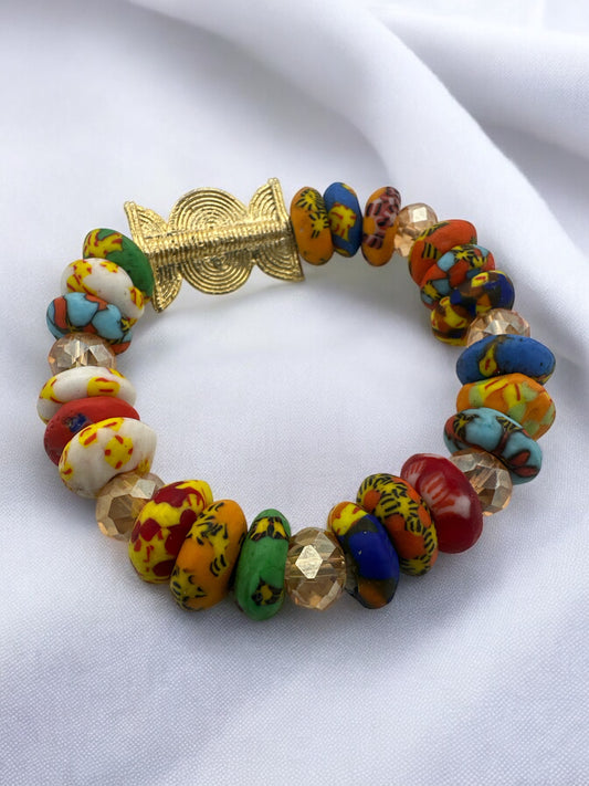 Authentic West Africa Elasticity Multicolour Krobo Beads Brass Ethnic Bracelet