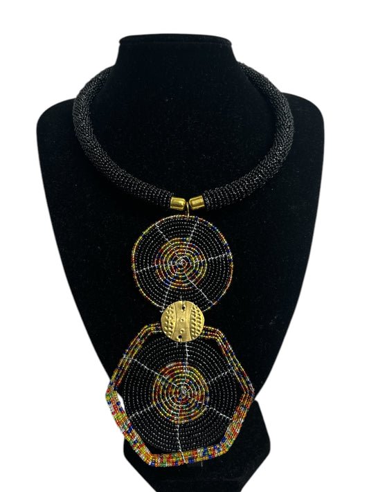 Authentic African Black Beaded Disc Pendant Necklace