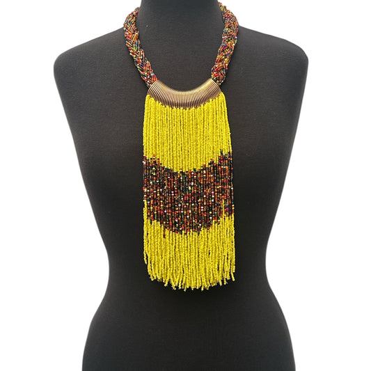 Yellow African Beaded Necklace – Handmade Ethnic Fringe Jewellery