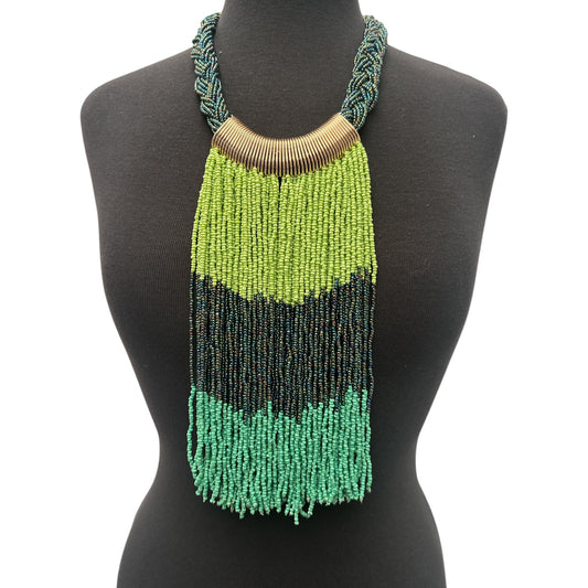 Green & Black African Beaded Necklace – Handmade Tribal Fringe Jewellery