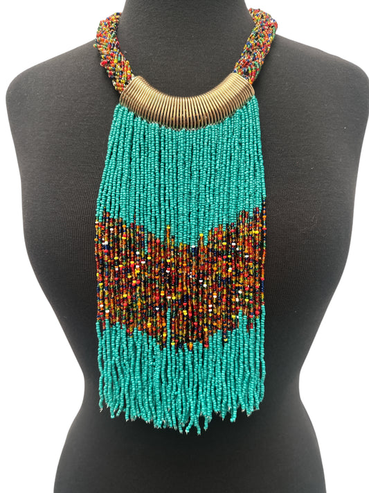 Turquoise African Beaded Necklace – Handmade Fringe Tribal Jewellery