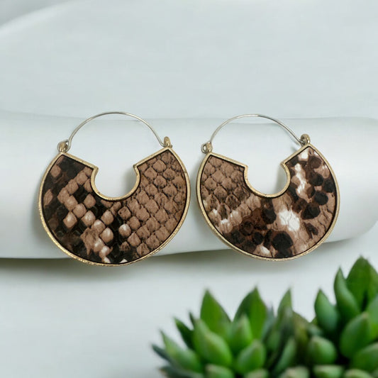 Brown Faux Snake Print Hoop Earrings