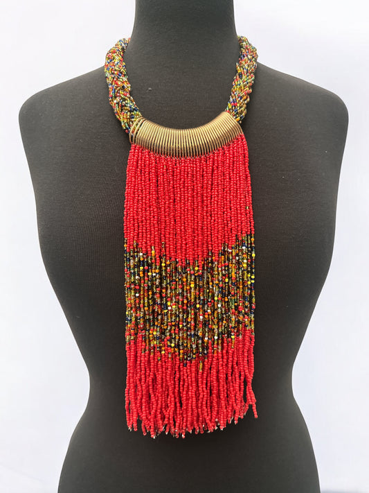 Red African Beaded Necklace – Handmade Fringe Tribal Jewellery