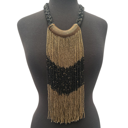 Gold & Black African Beaded Necklace – Handmade Ethnic Fringe Jewellery