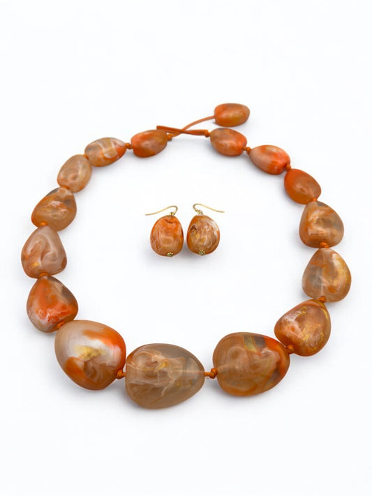 Handcrafted Boho Resin Bead Jewelry Set – Bold Orange Necklace and Earrings