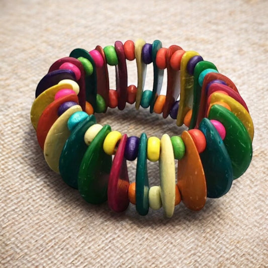 Handmade Coconut Shell Beaded Bracelet – Multi-Coloured Eco-Friendly Bangle