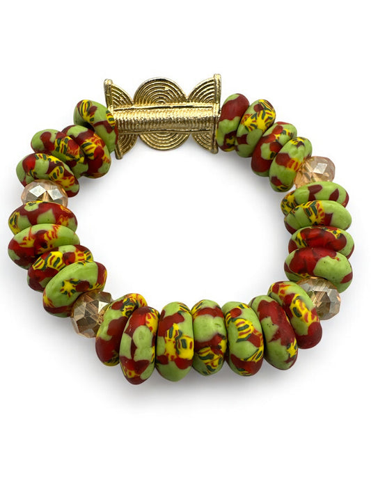 Authentic West Africa Green Multicolour Krobo Beads Brass Ethnic Bangle Bracelet